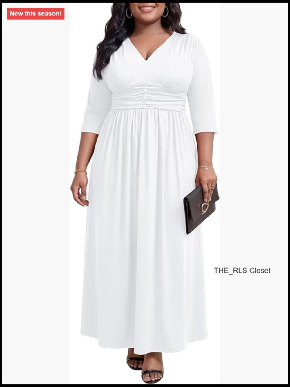 Plus Size Maxi Dress With Pockets, 3/4 Sleeve, Polyester Elastane